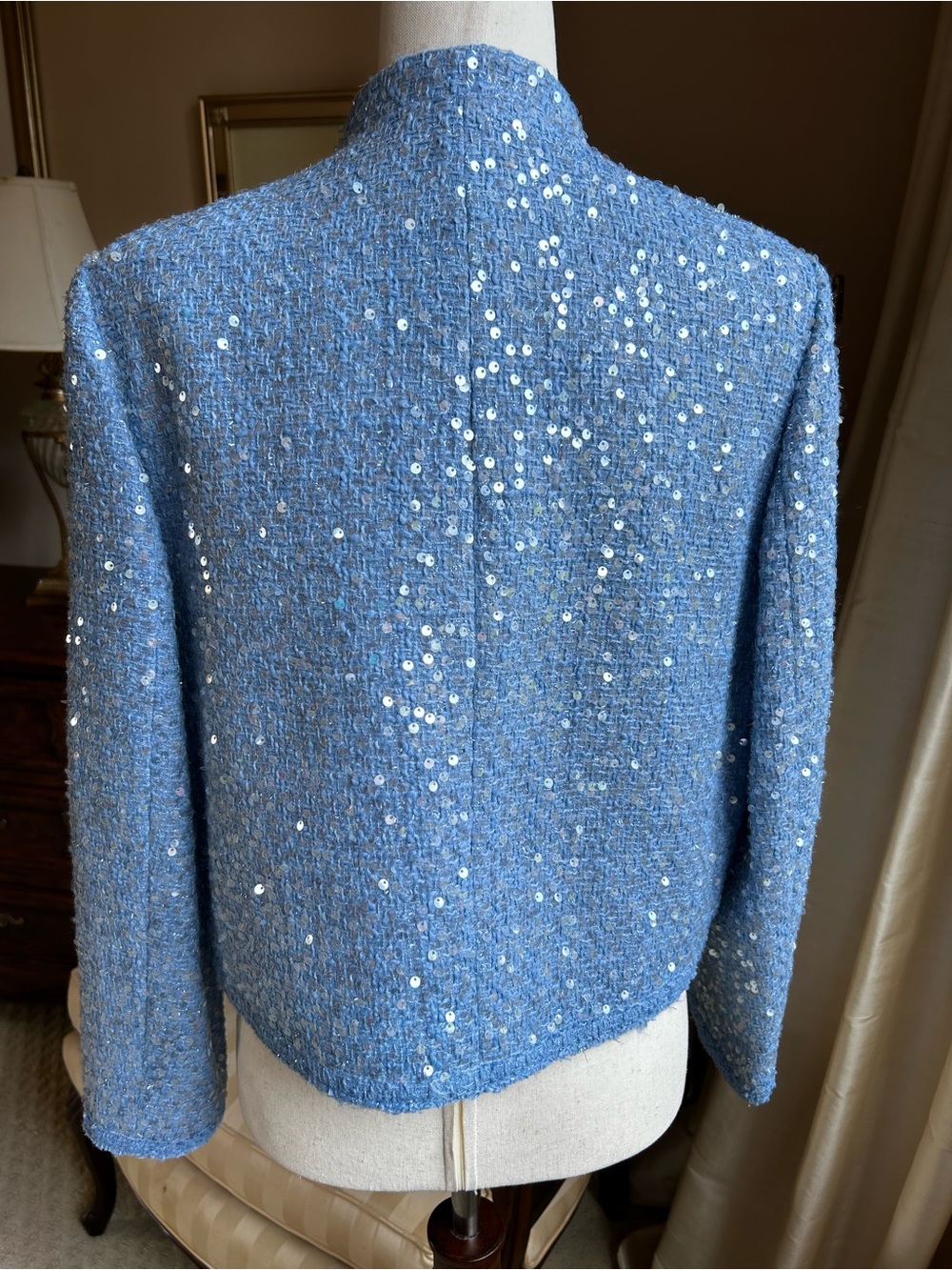 NWT Zara Periwinkle Blue Sequined Tweed Lady Jacket XL - Picture 5 of 14